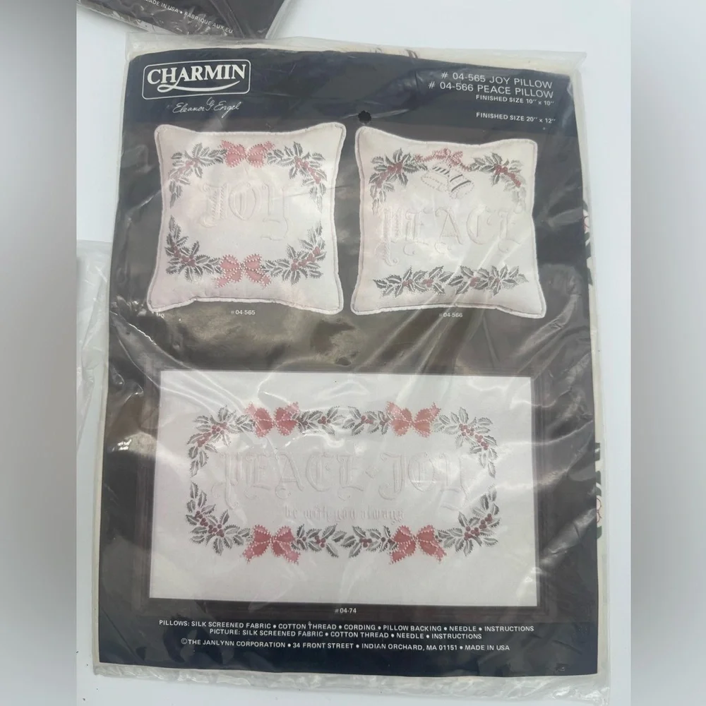 Lot Of 3 Vintage Charmin Creations Silk Screened Fabric Cross Stitch Pillow Kits